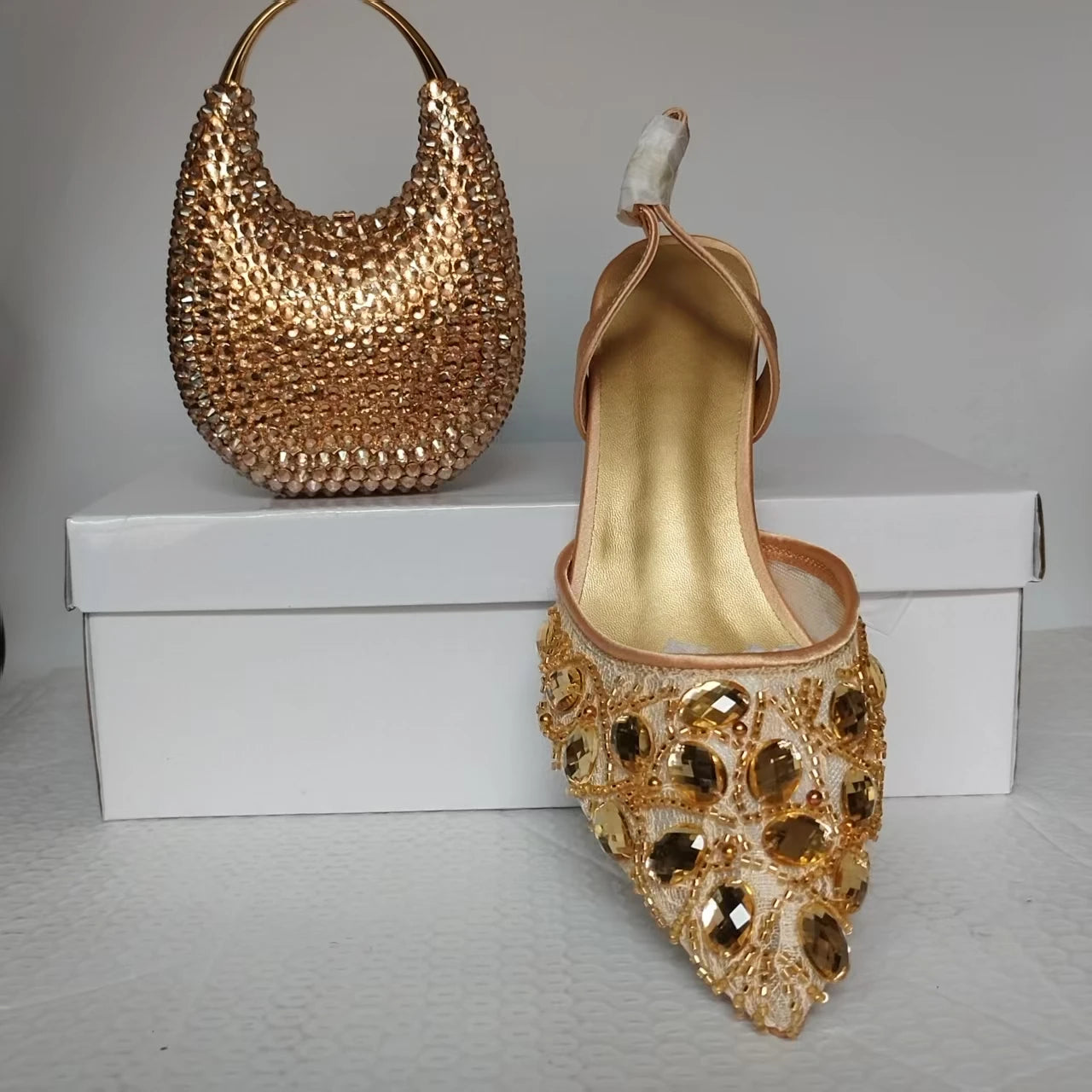 INSIGHTLINK Women's Gold Color Rhinestones high heeled Shoes And Clutch Bags Diamonds high-heeled Stiletto sandals For Wedding
