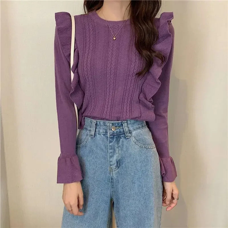 Ladies Sweaters Pullovers Round O Neck Grey Knitted Top for Women Jersey Winter 2024 Jumper Economics Long Sleeve Thermal Blouse