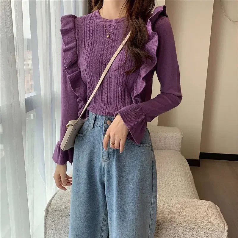 Ladies Sweaters Pullovers Round O Neck Grey Knitted Top for Women Jersey Winter 2024 Jumper Economics Long Sleeve Thermal Blouse