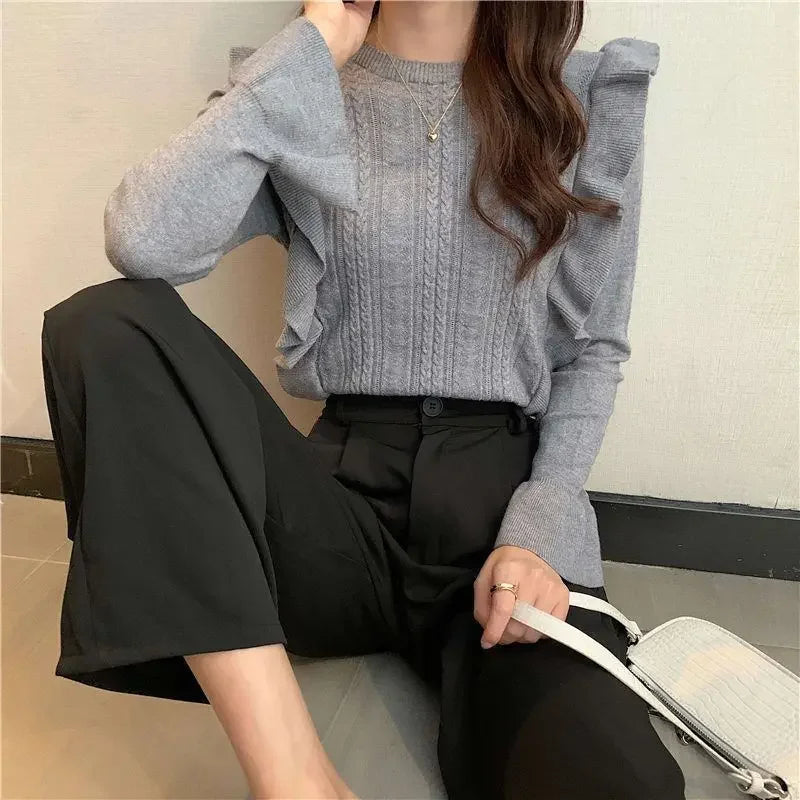 Ladies Sweaters Pullovers Round O Neck Grey Knitted Top for Women Jersey Winter 2024 Jumper Economics Long Sleeve Thermal Blouse