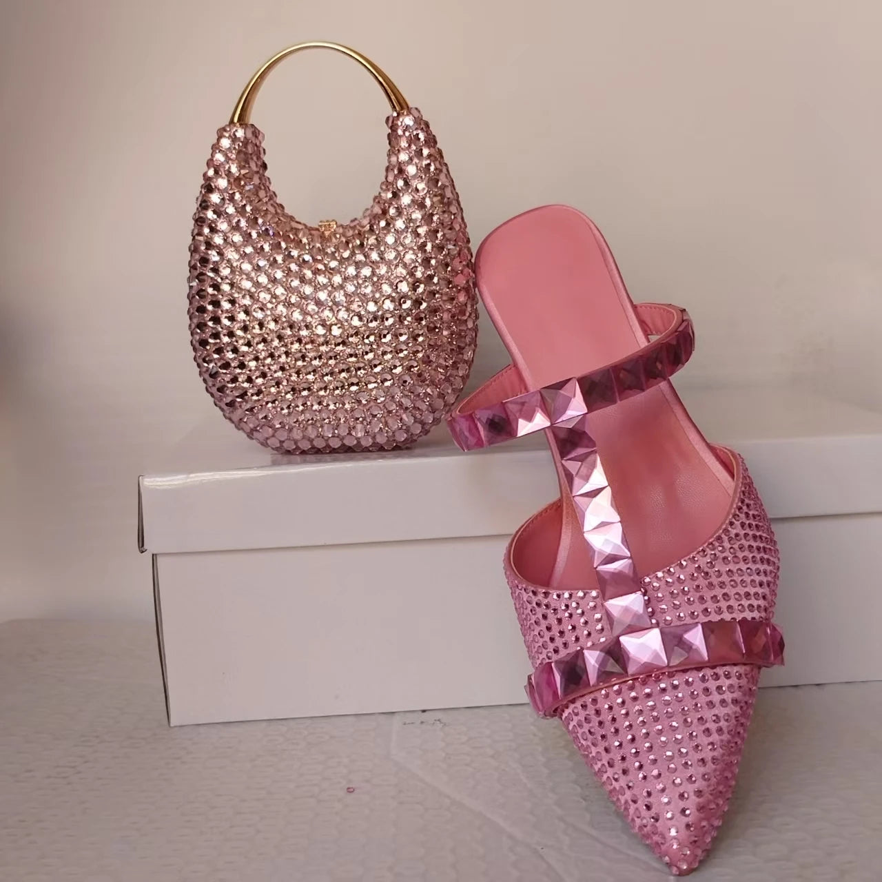 INSIGHTLINK Women's Gold Color Rhinestones high heeled Shoes And Clutch Bags Diamonds high-heeled Stiletto sandals For Wedding