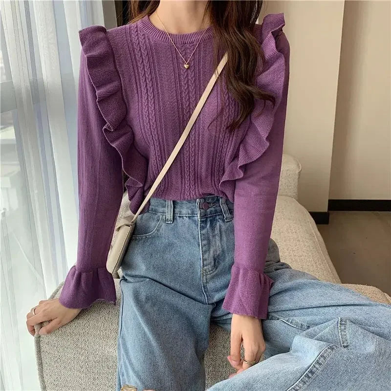 Ladies Sweaters Pullovers Round O Neck Grey Knitted Top for Women Jersey Winter 2024 Jumper Economics Long Sleeve Thermal Blouse