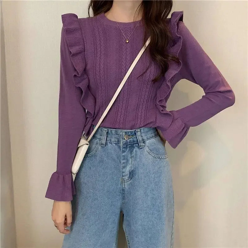 Ladies Sweaters Pullovers Round O Neck Grey Knitted Top for Women Jersey Winter 2024 Jumper Economics Long Sleeve Thermal Blouse