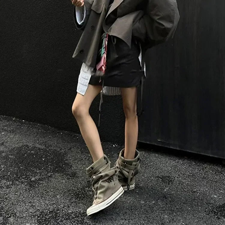 Women Canvas Sneakers Flats Designer Mid Calf Snow Boots Fashion Shoes Woman 2025 Trend New Winter Punk Chelsea Boots Lady Shoes