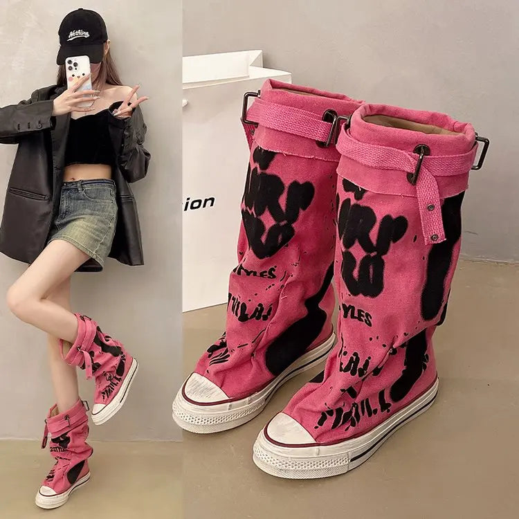Women Canvas Sneakers Flats Designer Mid Calf Snow Boots Fashion Shoes Woman 2025 Trend New Winter Punk Chelsea Boots Lady Shoes