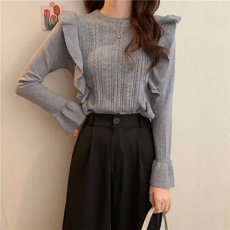 Ladies Sweaters Pullovers Round O Neck Grey Knitted Top for Women Jersey Winter 2024 Jumper Economics Long Sleeve Thermal Blouse