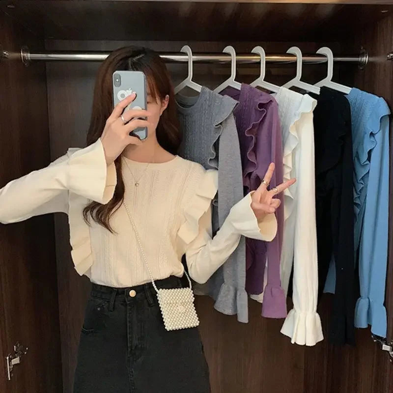 Ladies Sweaters Pullovers Round O Neck Grey Knitted Top for Women Jersey Winter 2024 Jumper Economics Long Sleeve Thermal Blouse