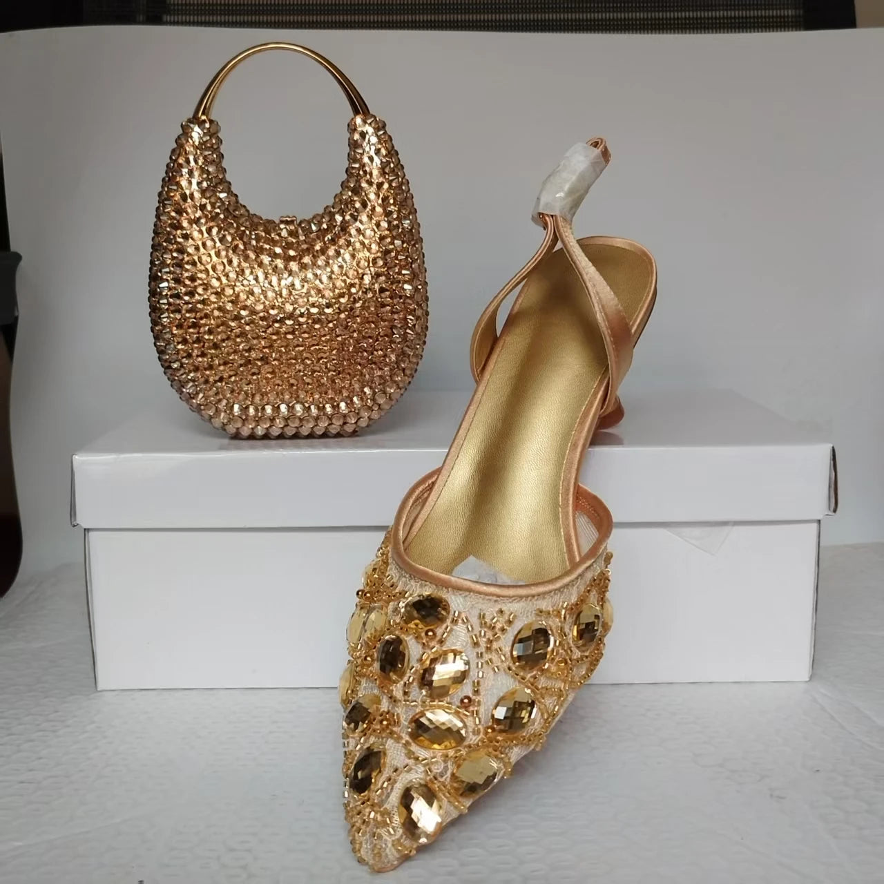 INSIGHTLINK Women's Gold Color Rhinestones high heeled Shoes And Clutch Bags Diamonds high-heeled Stiletto sandals For Wedding
