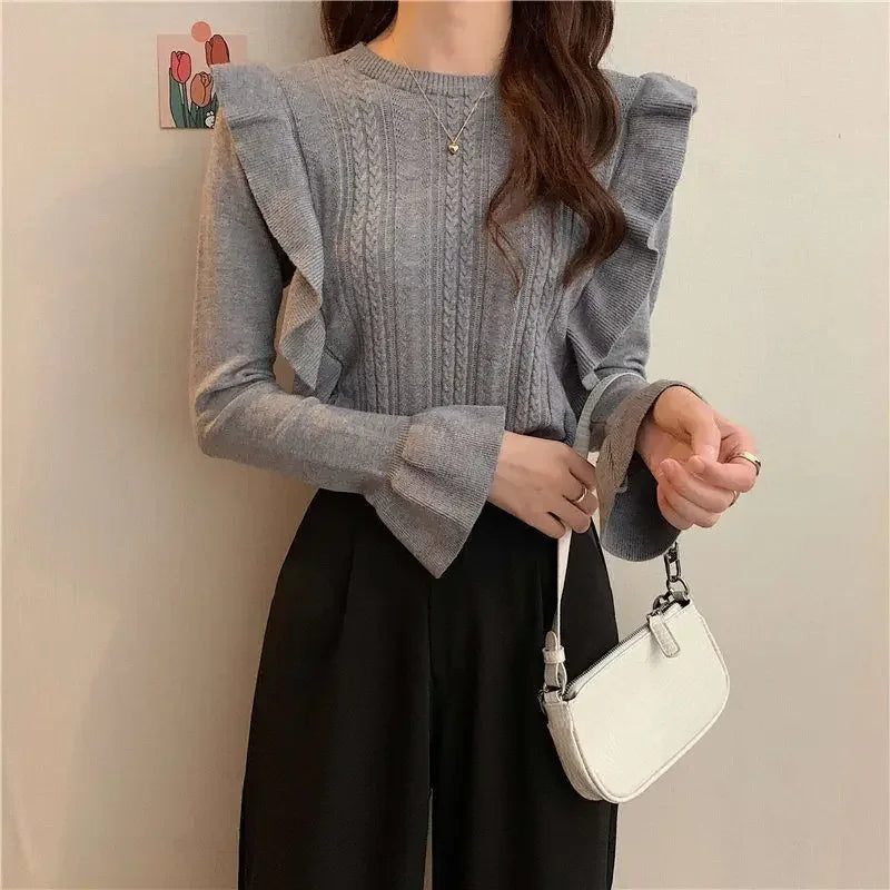 Ladies Sweaters Pullovers Round O Neck Grey Knitted Top for Women Jersey Winter 2024 Jumper Economics Long Sleeve Thermal Blouse