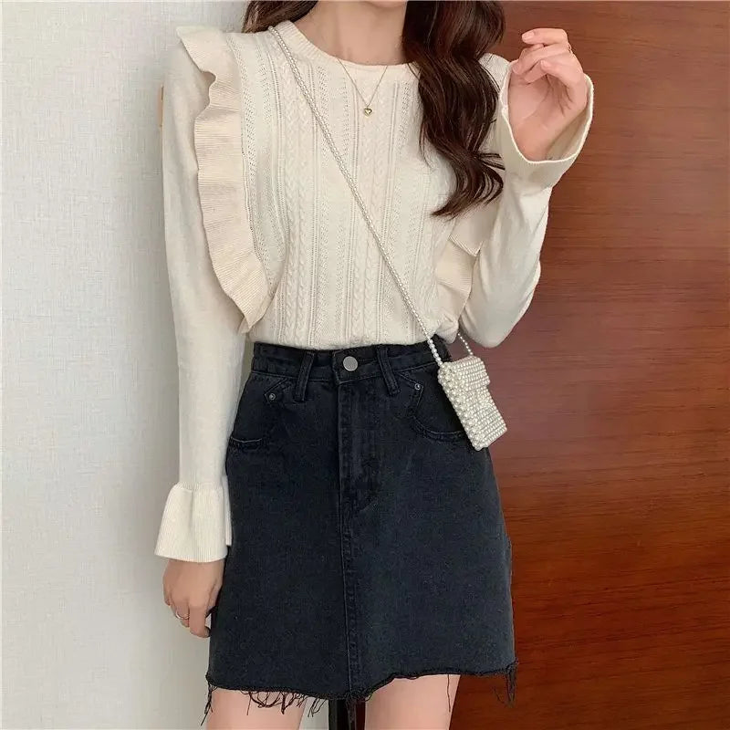Ladies Sweaters Pullovers Round O Neck Grey Knitted Top for Women Jersey Winter 2024 Jumper Economics Long Sleeve Thermal Blouse