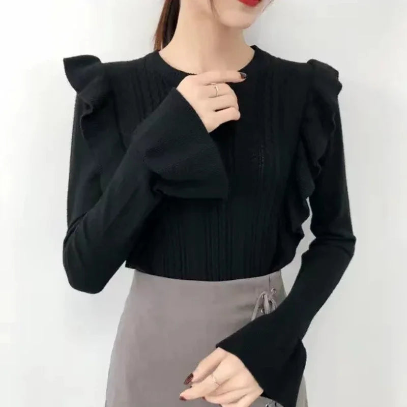 Ladies Sweaters Pullovers Round O Neck Grey Knitted Top for Women Jersey Winter 2024 Jumper Economics Long Sleeve Thermal Blouse