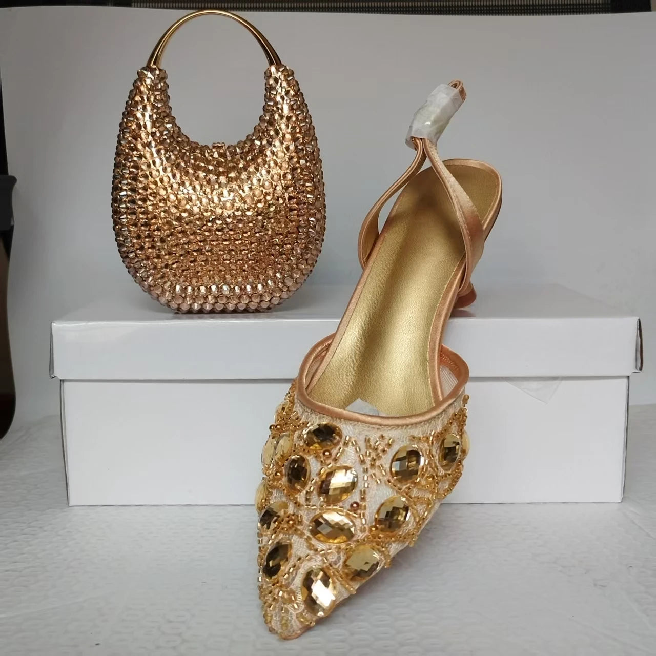 INSIGHTLINK Women's Gold Color Rhinestones high heeled Shoes And Clutch Bags Diamonds high-heeled Stiletto sandals For Wedding