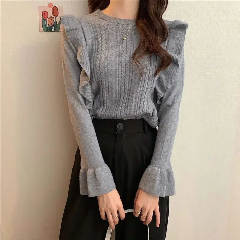 Ladies Sweaters Pullovers Round O Neck Grey Knitted Top for Women Jersey Winter 2024 Jumper Economics Long Sleeve Thermal Blouse