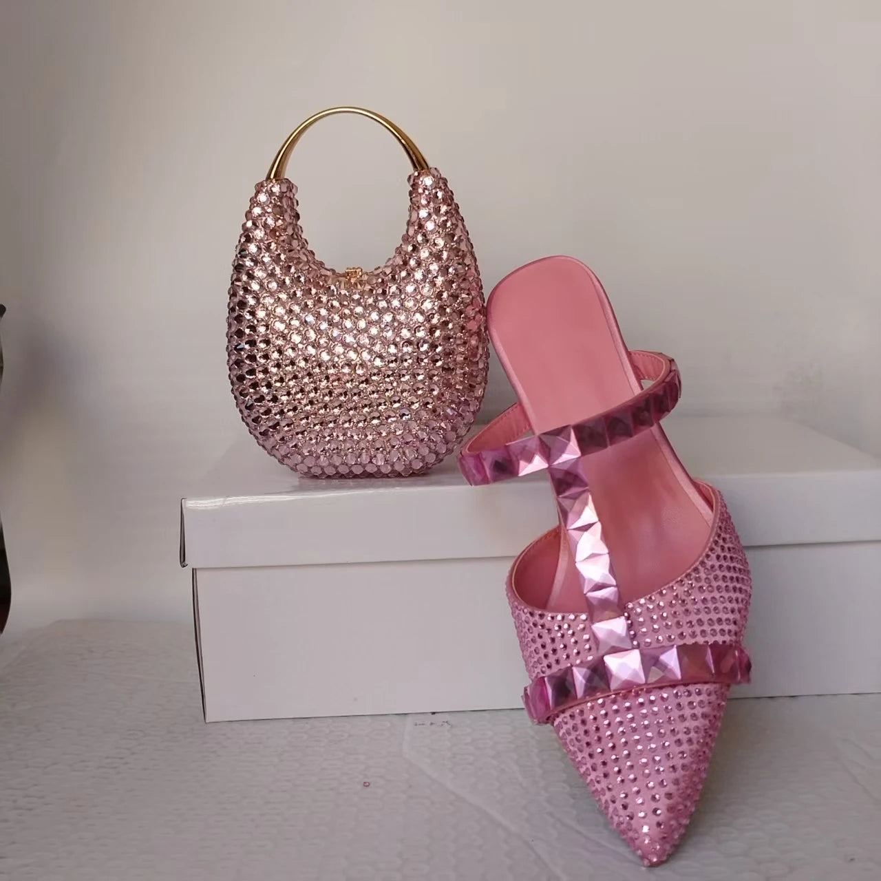INSIGHTLINK Women's Gold Color Rhinestones high heeled Shoes And Clutch Bags Diamonds high-heeled Stiletto sandals For Wedding