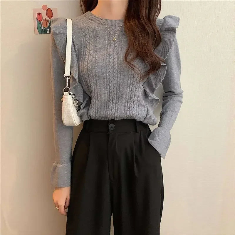 Ladies Sweaters Pullovers Round O Neck Grey Knitted Top for Women Jersey Winter 2024 Jumper Economics Long Sleeve Thermal Blouse