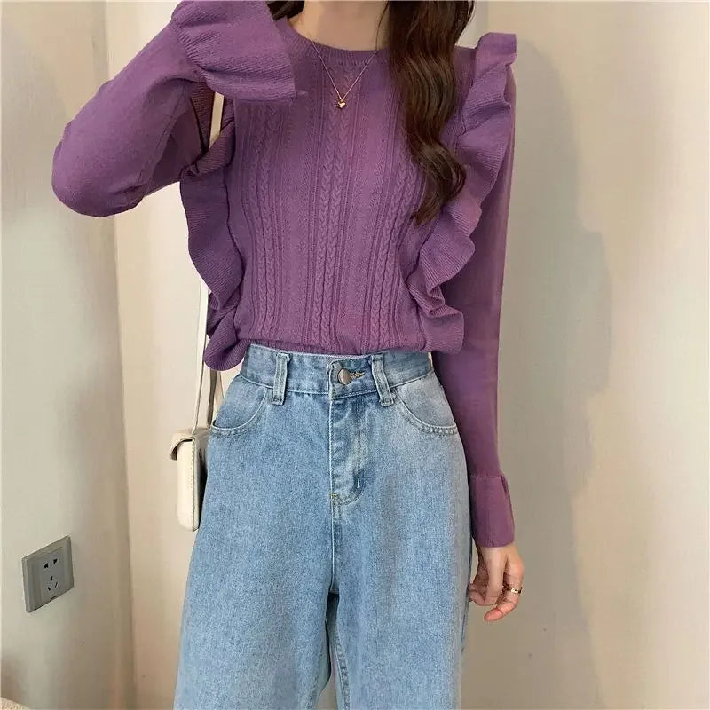 Ladies Sweaters Pullovers Round O Neck Grey Knitted Top for Women Jersey Winter 2024 Jumper Economics Long Sleeve Thermal Blouse