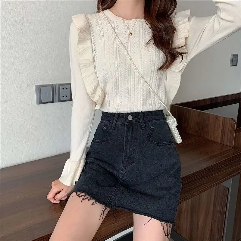 Ladies Sweaters Pullovers Round O Neck Grey Knitted Top for Women Jersey Winter 2024 Jumper Economics Long Sleeve Thermal Blouse