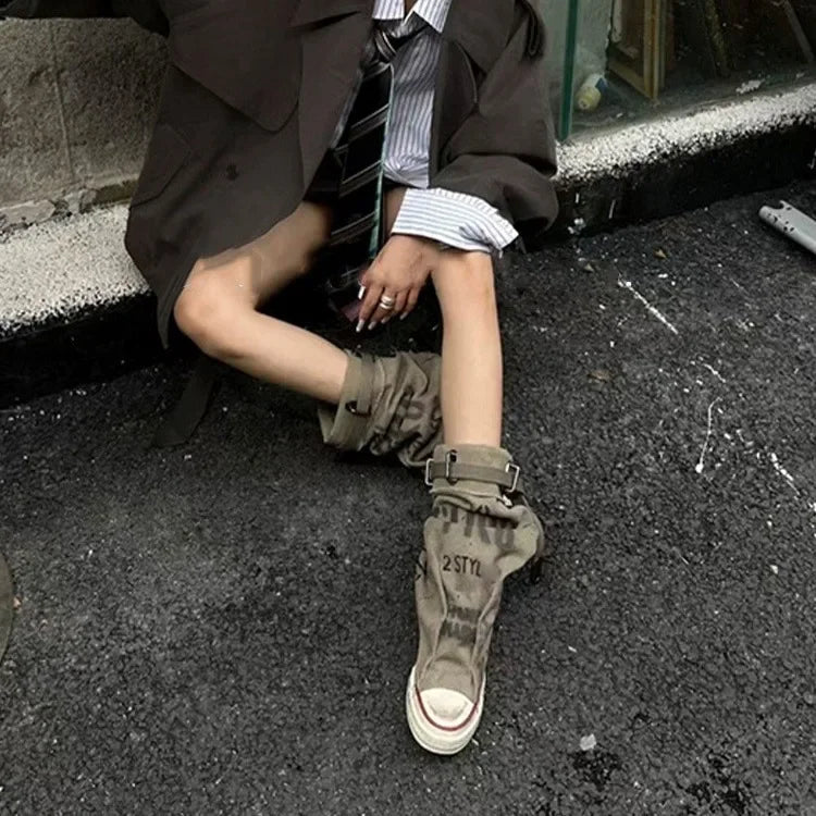 Women Canvas Sneakers Flats Designer Mid Calf Snow Boots Fashion Shoes Woman 2025 Trend New Winter Punk Chelsea Boots Lady Shoes