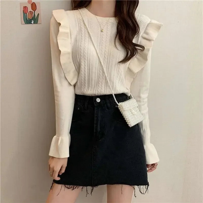 Ladies Sweaters Pullovers Round O Neck Grey Knitted Top for Women Jersey Winter 2024 Jumper Economics Long Sleeve Thermal Blouse