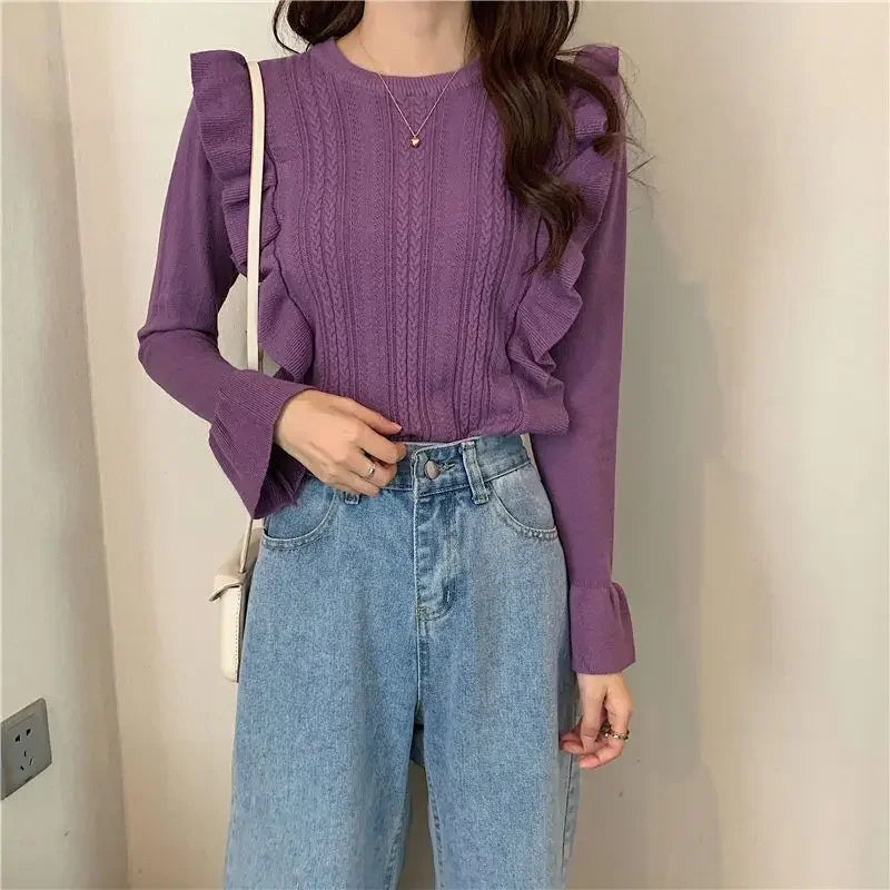 Ladies Sweaters Pullovers Round O Neck Grey Knitted Top for Women Jersey Winter 2024 Jumper Economics Long Sleeve Thermal Blouse
