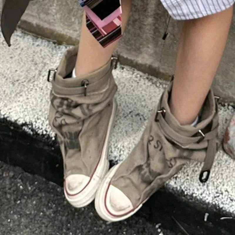 Women Canvas Sneakers Flats Designer Mid Calf Snow Boots Fashion Shoes Woman 2025 Trend New Winter Punk Chelsea Boots Lady Shoes