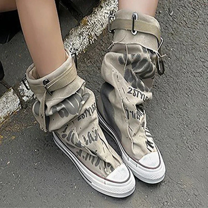 Women Canvas Sneakers Flats Designer Mid Calf Snow Boots Fashion Shoes Woman 2025 Trend New Winter Punk Chelsea Boots Lady Shoes